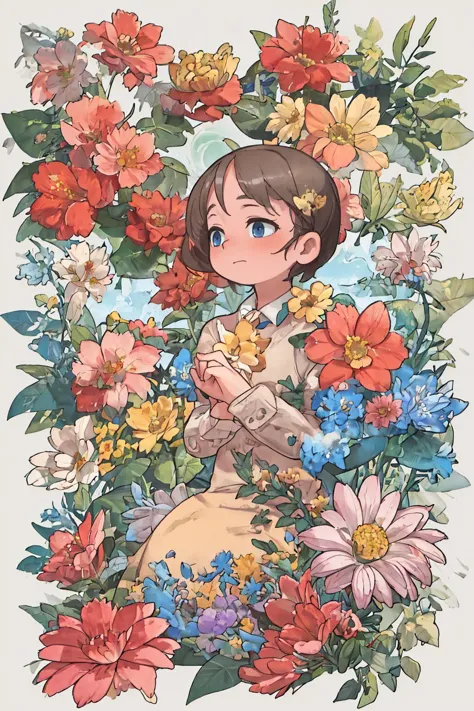 a drawing of a girl in a dress surrounded by flowers