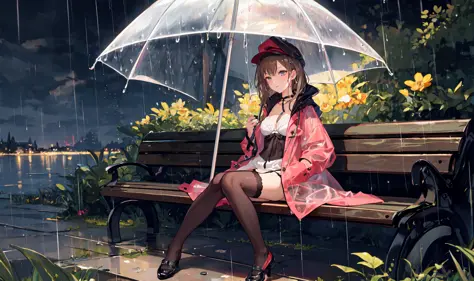 (((masterpiece))), ((best quality)), detailed, solo, (1girl),lingerie, stockings,(rain),raincoat,hat,sitting on the bench,hands in pockets