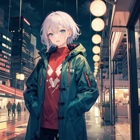 1girl,night city,rain,coat,hands in pockets