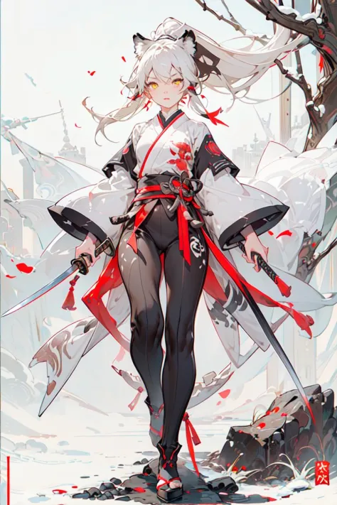 Best quality, masterpiece, ultra high res, 1girl, cute, 16 years old, kawaii face, detailed skin, yellow eyes, (long white hair, high ponytail), (white tiger ears:1.2, white tiger tail:1.2), gu, full body, slim, (weapon, holding weapon, katana), arm guards, tabi, white and black, <lora:wuxia2:0.8>
walking in snowy mountain, rocks