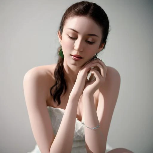 a close up of a woman in a white dress sitting on a bed