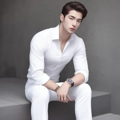 a man in white shirt and white pants sitting on steps