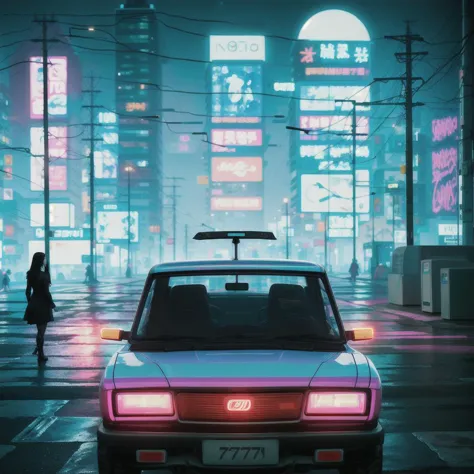 cyberpunk, neon, poster for movie, (lada car), clean lines, cinematic lighting, color filters, dramatic