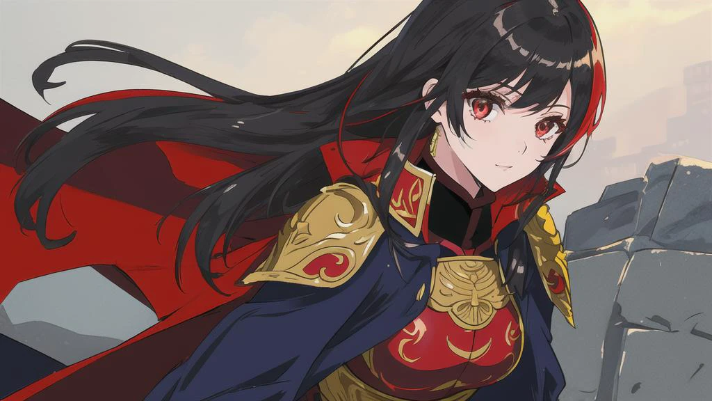 1girl,full_body,(tall:1.1),black_hair,long_hair,bangs,red_innerhair,red_Hair_tip,deep_red_eyes,red_eyelashes,medium_breasts,(yellow_armor:1.2),wh_chi_armor, upper body,black_cape,
solo focus,scenery, close-up, night,
masterpiece, best best quality,ultra_detailed,