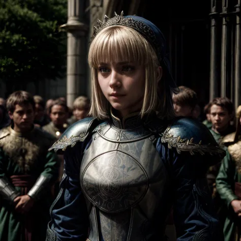 arafed woman in armor standing in front of a crowd of people