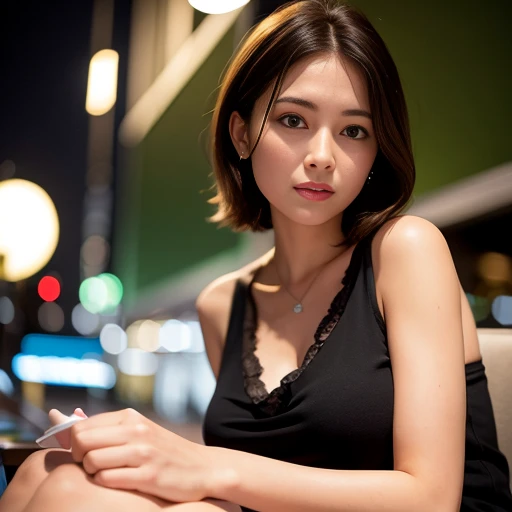 (8k, best quality, masterpiece:1.2), (realistic, photo-realistic:1.37), ultra-detailed, 1 girl, cute, solo, beautiful detailed sky, detailed cafe, night, sitting, dating, (nose blush), (smile:1.15), (closed mouth) small breasts, beautiful detailed eyes, (collared shirt:1.1), night, wet, business attire, rain, white lace, (short hair:1.2), floating hair NovaFrogStyle, topless, 