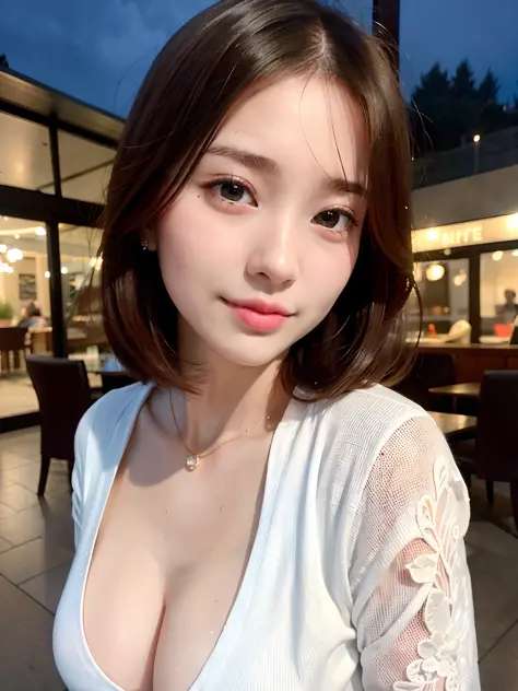 (64K,UHD,
 best quality, masterpiece:1.2), (realistic, photo-realistic:1.37), ultra-detailed, 1 girl, cute, solo, beautiful detailed sky, detailed cafe, night, sitting, dating, (nose blush), (smile:1.15), (closed mouth) small breasts, beautiful detailed ey...