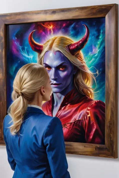 a businesswoman with blonde hair looking at a <lora:Magical_Painting:0.8> magical painting of her self portrait as an devil, back facing the camera, painting has no frame, hanging on a normal wall, vivid cosmic colors, sfw, realistic, 8k, detailed face in painting