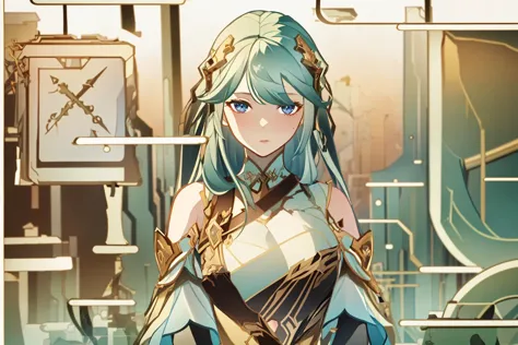 anime girl with blue hair and blue eyes standing in front of a clock