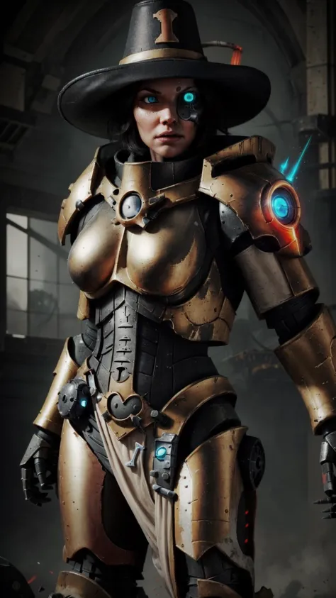 <lora:InquisitorKatarinyaGreyfax:0.8> InquisitorKatarinyaGreyfax, 1girl, Inquisitor, hat, power armor, short hair, black hair, bionic eye,