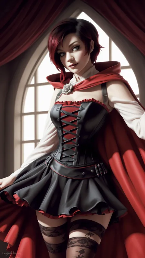 <lora:rwby_rose_mistral-12:1> mistralrose, dress, corset, red cape, thighhighs