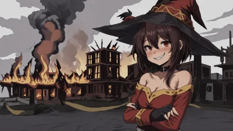 looking at viewer, grin, sharp teeth, standing, crossed arms, v-shaped eyebrows, BREAK, destruction, broken building in background, fire, <lora:ttgl-eyecatch-original:0.8> eyecatch, <lora:DisasterGirlMeme:0.8> IncrsDisasterGirlMeme, fire, smile, outdoors <lora:Megumin:0.8> megumin, kono subarashii sekai ni shukufuku wo!, 1girl, solo, hat, witch hat, brown hair, short hair with long locks, red eyes, black choker, flat chest, off-shoulder dress, dress, red dress, long sleeves, black gloves, fingerless gloves