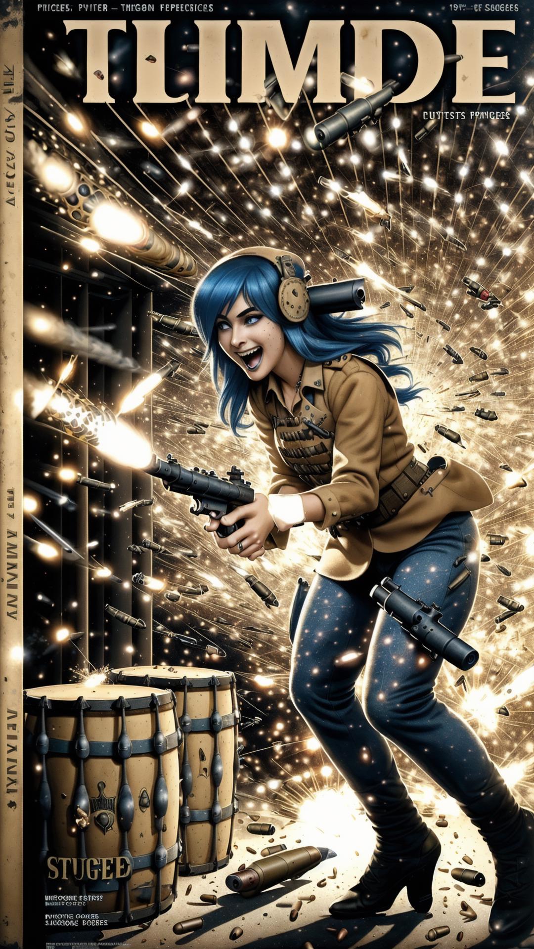 A woman with blue hair and a gun in front of a barrel - SeaArt AI