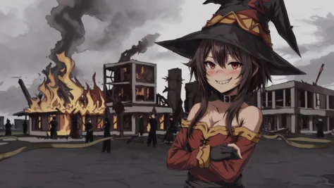 anime girl in witch costume standing in front of a burning building