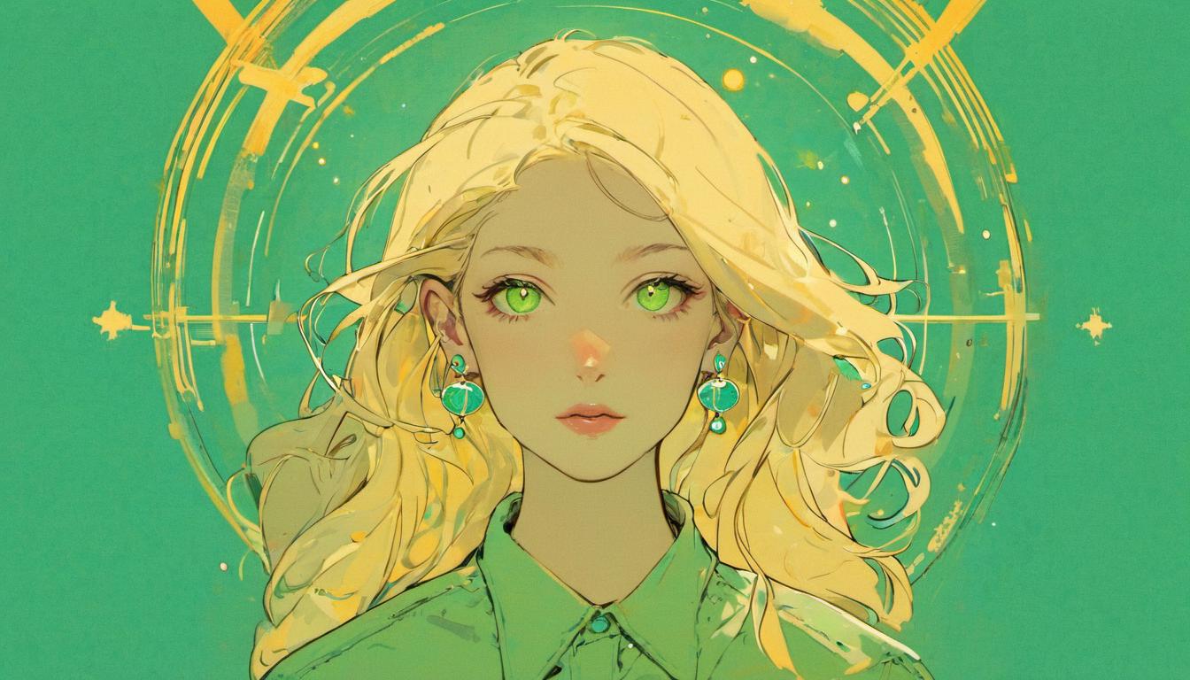 A woman with blonde hair and green eyes in a green shirt - SeaArt AI