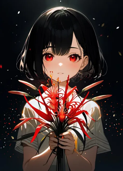 face focus, cute, masterpiece, best quality, 1girl holding lycoris, black background, light particle, solo, black hair, red eyes...