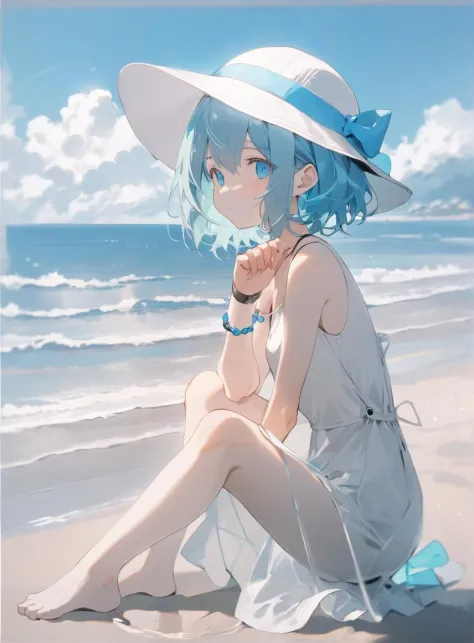 depth of field, atomosphere fog, masterpiece, best quality, 1girl, sitting, kneeling, solo, cloud, outdoors, bracelet, white dress, aqua hair, blue eyes, beach, short hair, day, water, sleeveless, ocean, white hat, blue sky