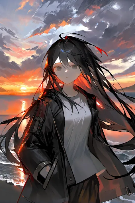 cinematic style, 1girl, cloud, outdoors, black hair, looking at viewer, solo, cloudy sky, ocean, white shirt, black jacket, long hair, horizon, long hair, open clothes, closed mouth, floating hair, hood, sunlight, sunset