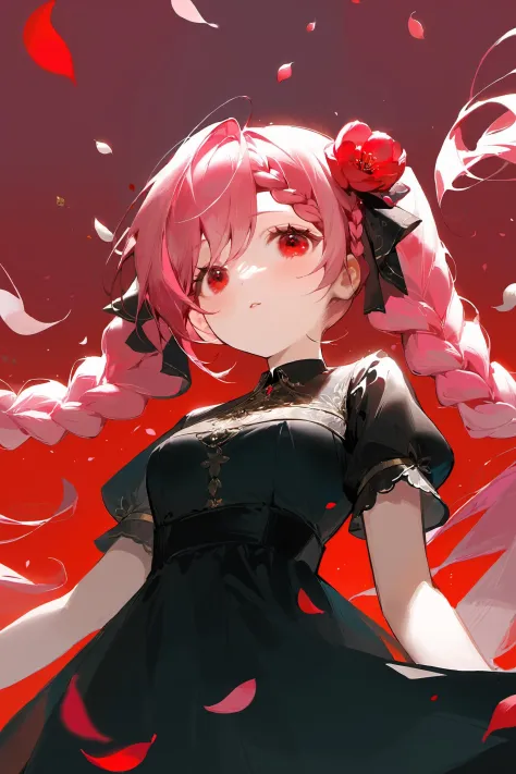 masterpiece, (aesthetic style:0.7), 1girl, solo, looking at viewer, braid, pink hair, floating hair, from below, long hair, black dress, short sleeves, red flower, twintails, closed mouth, red eyes, gradient background, petals