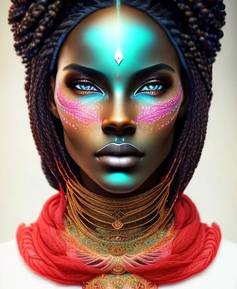 gorgeous black woman,
long braided hair, 
large blue eyes, beautiful eyes, 
beautiful face, chiseled jaw, 
dark skin, muscular body, 
standing, whole body visible, 
masterpiece, very detailed, high quality, realistic, 
syndrin, intricate fashion clothing, highly detailed, surrealistic, nebula, psychedelic universe,