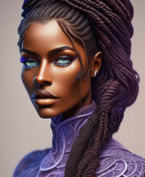 gorgeous black woman,
long braided hair, 
large blue eyes, beautiful eyes, 
beautiful face, chiseled jaw, 
dark skin, muscular body, 
standing, whole body visible, 
masterpiece, very detailed, high quality, realistic, 
syndrin, intricate fashion clothing, highly detailed, surrealistic, nebula,