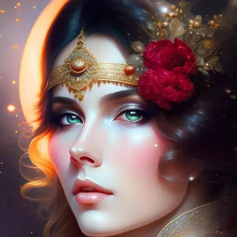 Beautiful portrait of a gorgeous princess, beautiful princess, round shaped face, round button nose, glowing glass skin, sparkling hazel green eyes, highlighted chestnut brown long straight hair, adorned in intricate golden jewelry, confident half smile, face painting, dramatic lighting, intricate, wild, exotic beauty, highly detailed, digital painting, artstation, concept art, smooth, sharp focus, illustration, art by artgerm and greg rutkowski and alphonse mucha, footage from space camera