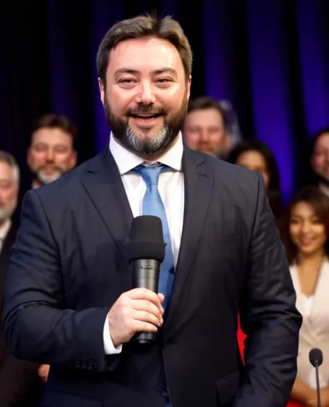 <lora:XL_sargon_v11:1>, carlbenjamin, smiling, wearing suit, standing at stage giving speech in front of microphone,  XL_ZIP_rea...