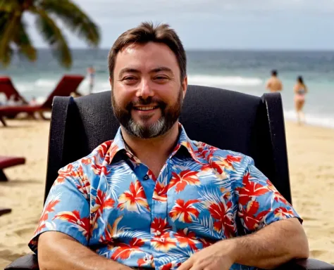 <lora:XL_sargon_v11:1>, carlbenjamin, smiling, wearing hawaiian shirt, laying in chair on beach,  XL_ZIP_realism