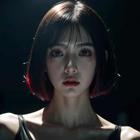 (korean:1.1) chrome android, metal skin, blank stare, chrome lips, red techno tear make-up, cyberpunk, white bob cut, in the rai...