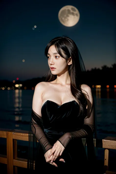 (half asian) woman, (thick:0.3), (pale skin:1.1), 25 y/o, revealing black dress, veil, sexy, <lora:CleavageHelper-v1:0.4> cleava...