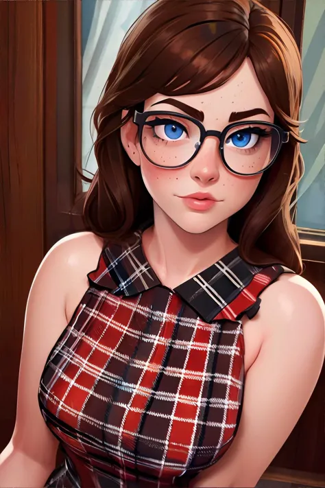 <lora:vintageplaiddress-freckledvixon:0.6>, v1ntag3pla1d, plaid dress,  <lora:bzl:0.8>, bzl_test, brown hair, glasses, (grey|blue) eyes, (freckles:0.3), <clip:skip:2> || skin, hair, clothing, masterpiece, 8k, high resolution, shallow depth of field, sharp focus