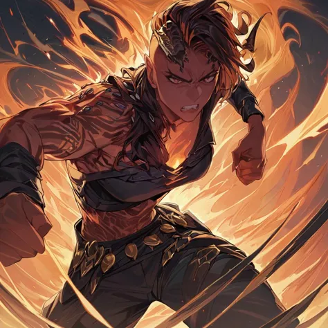 a close up of a person with a sword in a fire