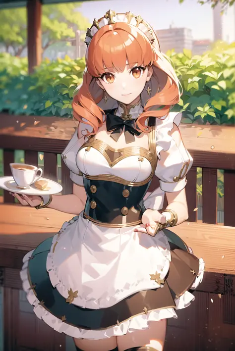 ((ultra detailed)), ((illustration)), beautiful, amazing, (((masterpiece))), celica fire emblem, 1girl, maid, waitress, cafe, <l...