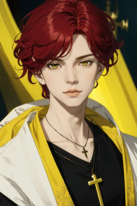 <lora:ballJointDoll_v10:.8> Ball Joint Doll, doll joints, 1boy, male focus, solo, jewelry, cross, red hair, two tone hair, yellow hair, curly hair, necklace, long hair, pale skin, yellow eyes, looking at viewer, cross necklace, black robe, upper body, depth of field, extreme light and shadow, dynamic angle