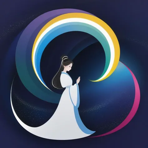 a woman in a white dress standing in front of a rainbow swirl