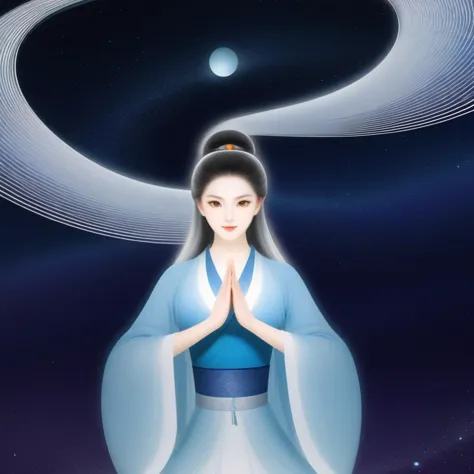 a woman in a blue dress is standing in front of a moon