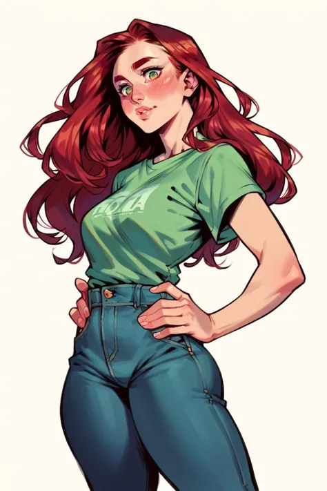 a woman with red hair and green shirt posing for a picture