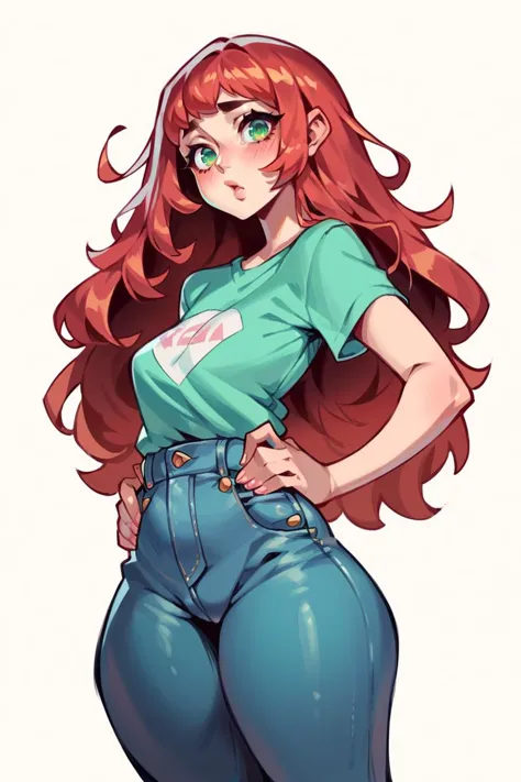 a cartoon girl with red hair and blue jeans posing for a picture