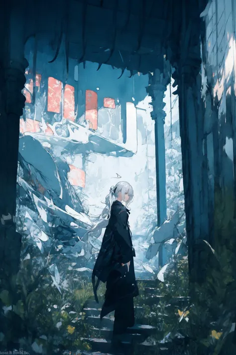 (masterpiece:1.2), best quality,realistic,Tyndall effect,
1girl, scenery, solo, stairs, long hair, ruins, standing, from behind, outdoors, artist name, white hair, wide shot, overgrown, facing away,Red lycoris,
 <lora:ghostdom_20230621222536-000018:1>