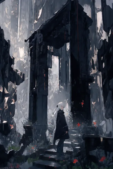 a man walking through a ruined city with a giant stone structure