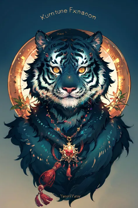 a tiger with a gold medallion and a chain around it