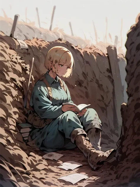 anime girl sitting in a trench reading a book