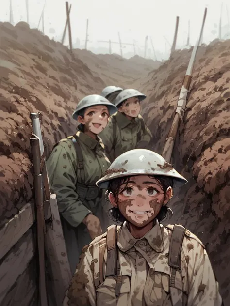 soldiers in a trench with a man in the middle of the trench