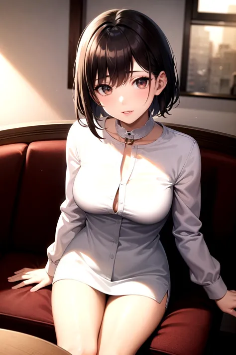 anime girl sitting on a couch with her hands on her hips