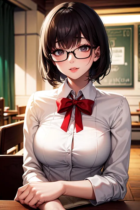 A photo of a young, nerdy woman sitting in a caf, wearing a white shirt and a bow, surrounded by a cozy atmosphere, looking at the viewer.
short hair, slender, red lips, transparent fabric, flirting with the camera