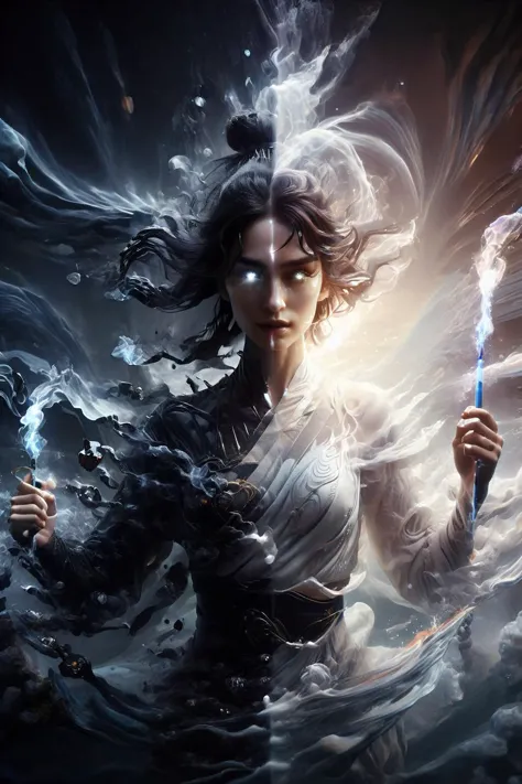 a woman holding a wand in her hand and a cloud of smoke