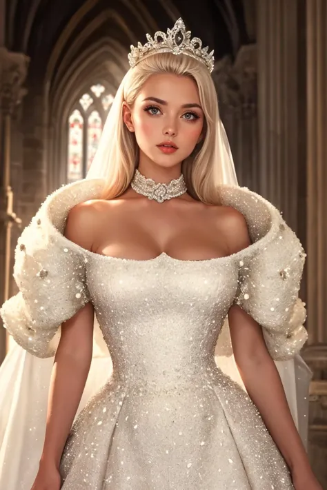 adult beautiful woman, high quality, best quality, highres, high detail platinum blonde hair, <lora:WMG-46:0.8>, (haute couture), wedding ballgown, white dress, short sleeves, standing, cleavage, tiara, (cathedral, ornate), ((rim lighting)) (shadows)  hand on hip,