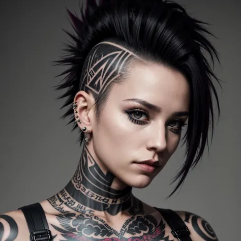 1girl,  punk,  ,  mohawk,  piercing,  tattoo,  grey eyes,  full body
, photorealistic:1.3,  best quality,  masterpiece,