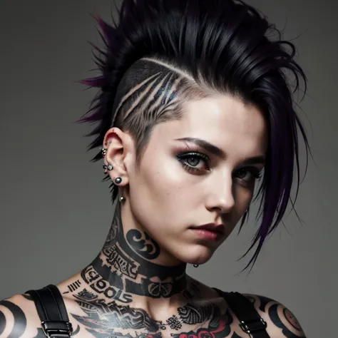 1girl,  punk,  ,  mohawk,  piercing,  tattoo,  grey eyes,  full body
, photorealistic:1.3,  best quality,  masterpiece,