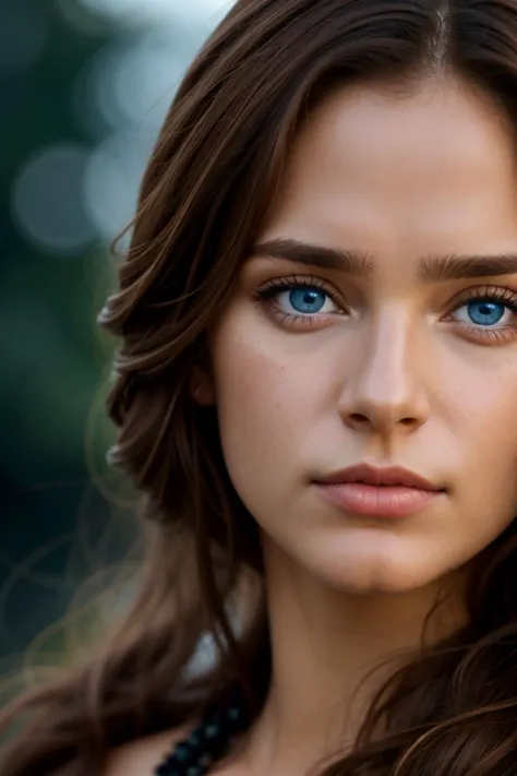 photograph close up portrait of beautiful Brazilian Female, brown hair, glacier blue eyes, serious, stoic cinematic 4k epic detailed 4k epic detailed photograph shot on kodak detailed bokeh cinematic hbo dark moody. blurred background